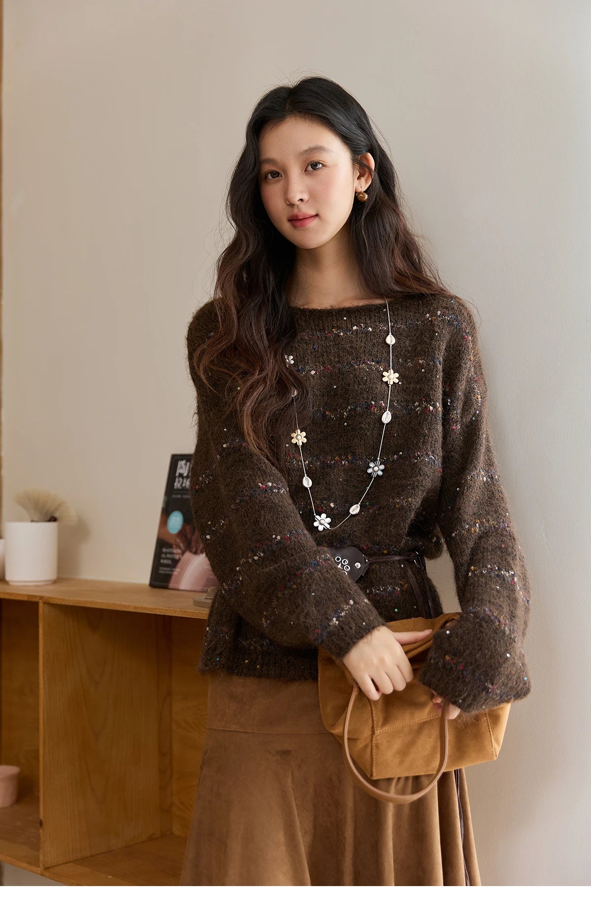 MISHOW Brown Chrysanthemum Yarn Sweaters Women Beltless 2025 Autumn Wool Blend Loose Round Neck Retro Knitted Tops MXE47Z2574