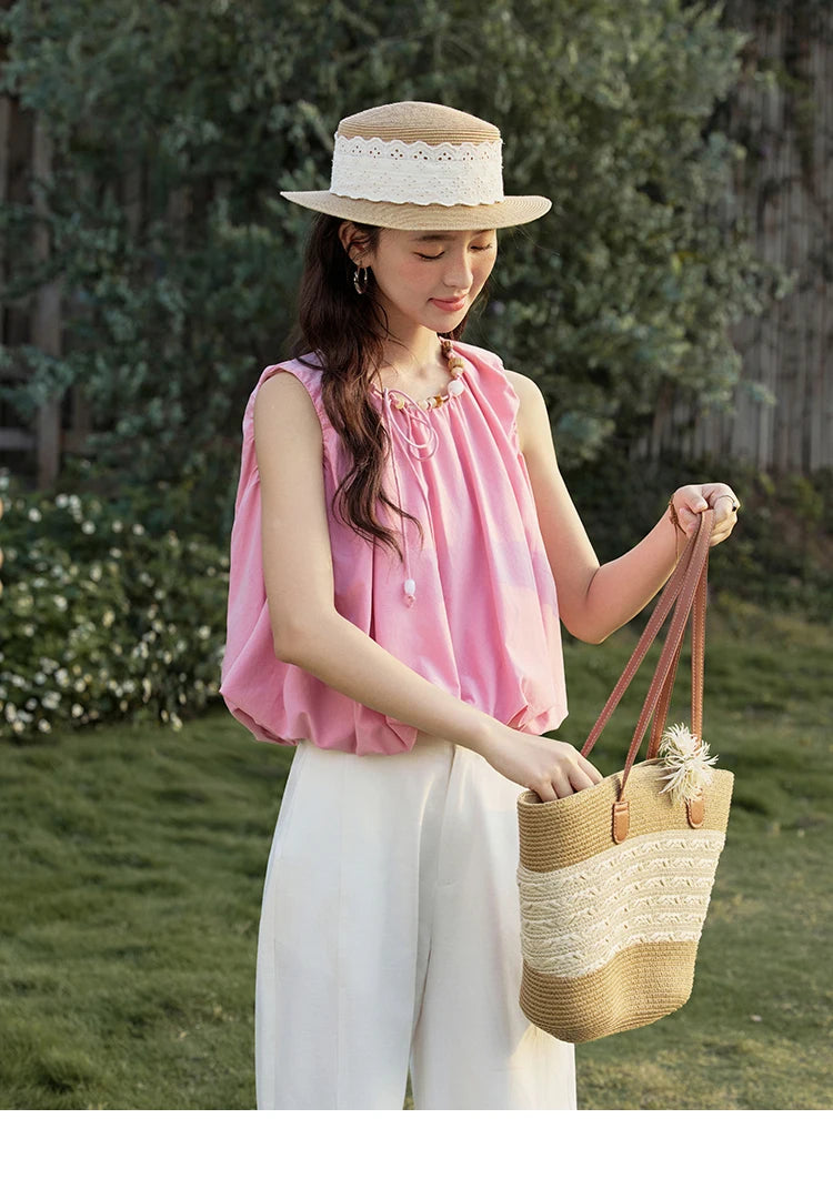 MISHOW French Rose Red Blouses Women Summer 2025 Sleeveless Round Neck Beaded Strap Design Short Tops Lady New Thin MXE32X1773