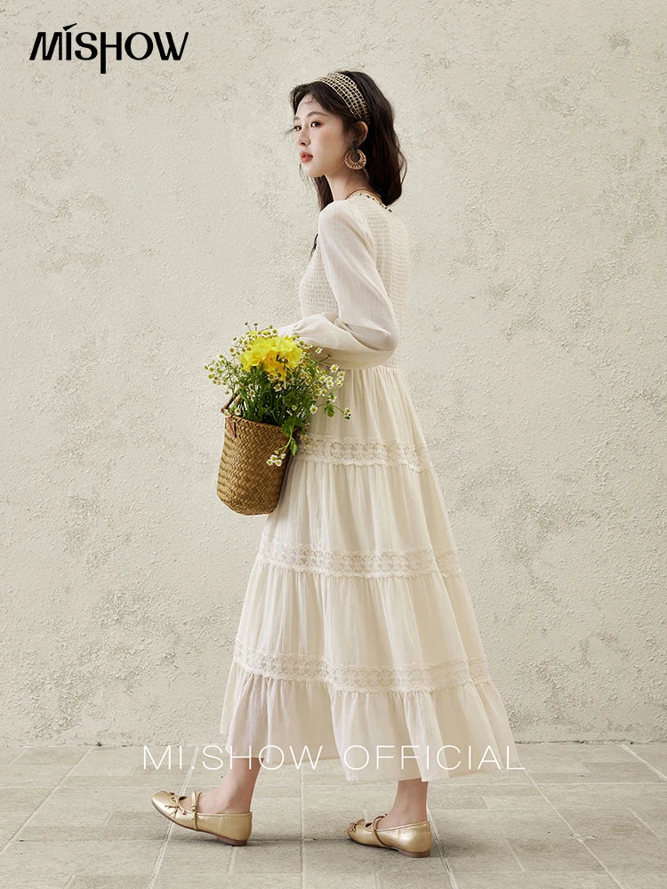 MISHOW Apricot Vacation Dress for Women Spring 100 Cotton Splicing Lace Retro Dress V-neck Waist Slim Long Dresses MXE16L2168