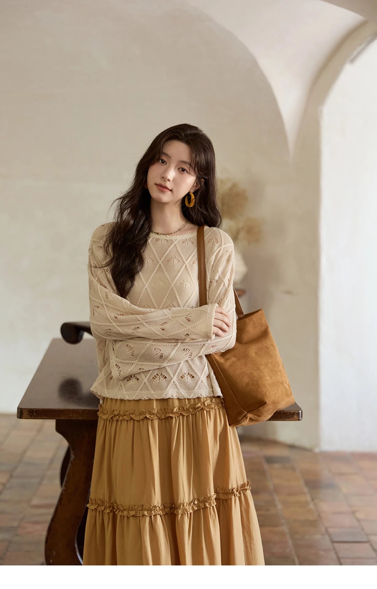 MISHOW Women's Diamond Patterned Knitted Top 2025 Autumn Bohemian Hollowed Out Thin Top Scoop Neck Knitted Sweaters MXE42Z1332