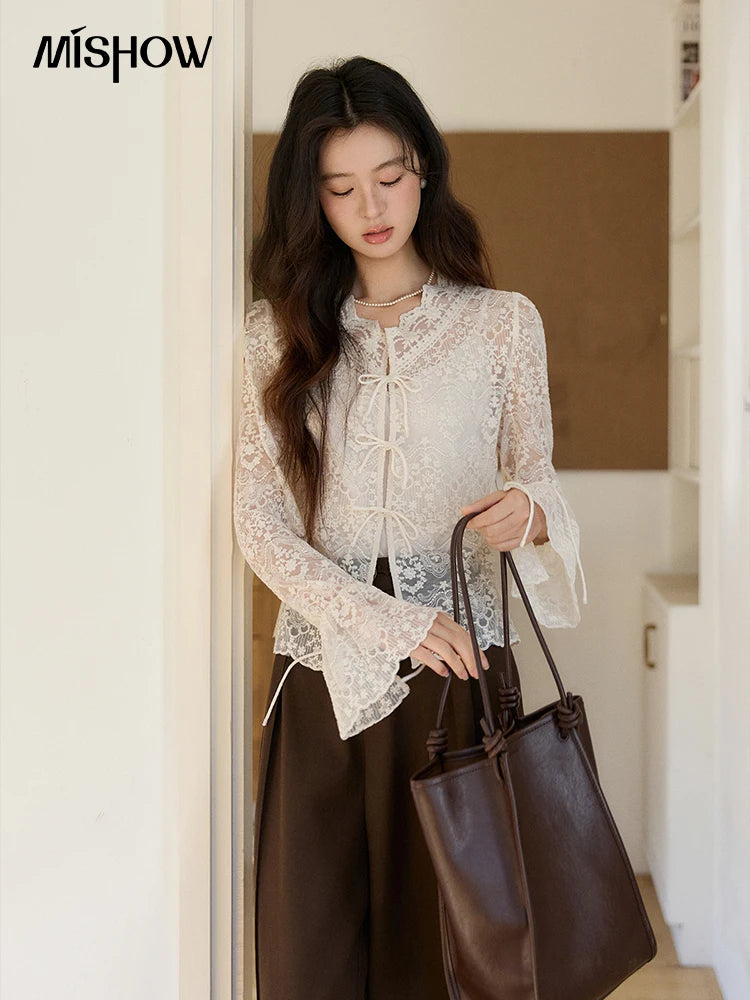 MISHOW Women's Sweet Lace Top Camisole Set Spring Tie Front Flare Sleeve Sheer Casual Elegant Two-Piece Knitwear MXF108X1001