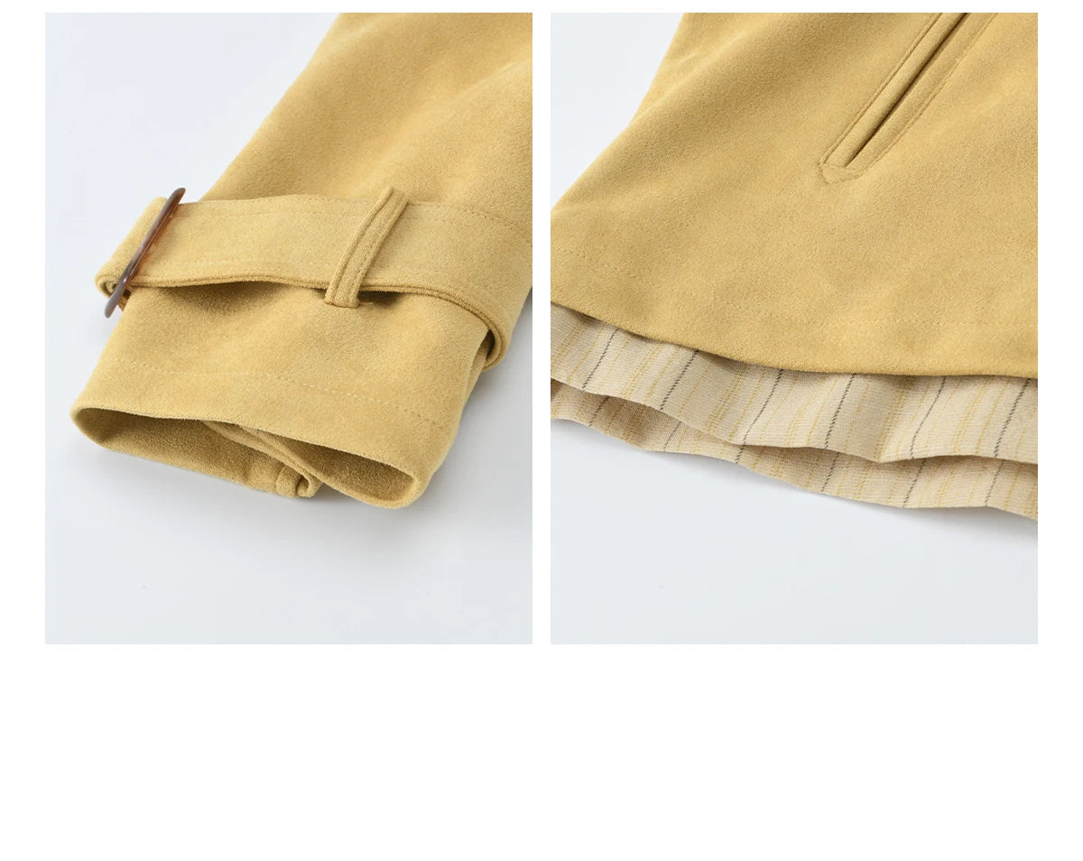 MISHOW Women's Yellow Double-Breasted Trench Stand Collar Coat Adjustable Cuffs Splicing Striped Hem Casual Outerwear MXF11W1026