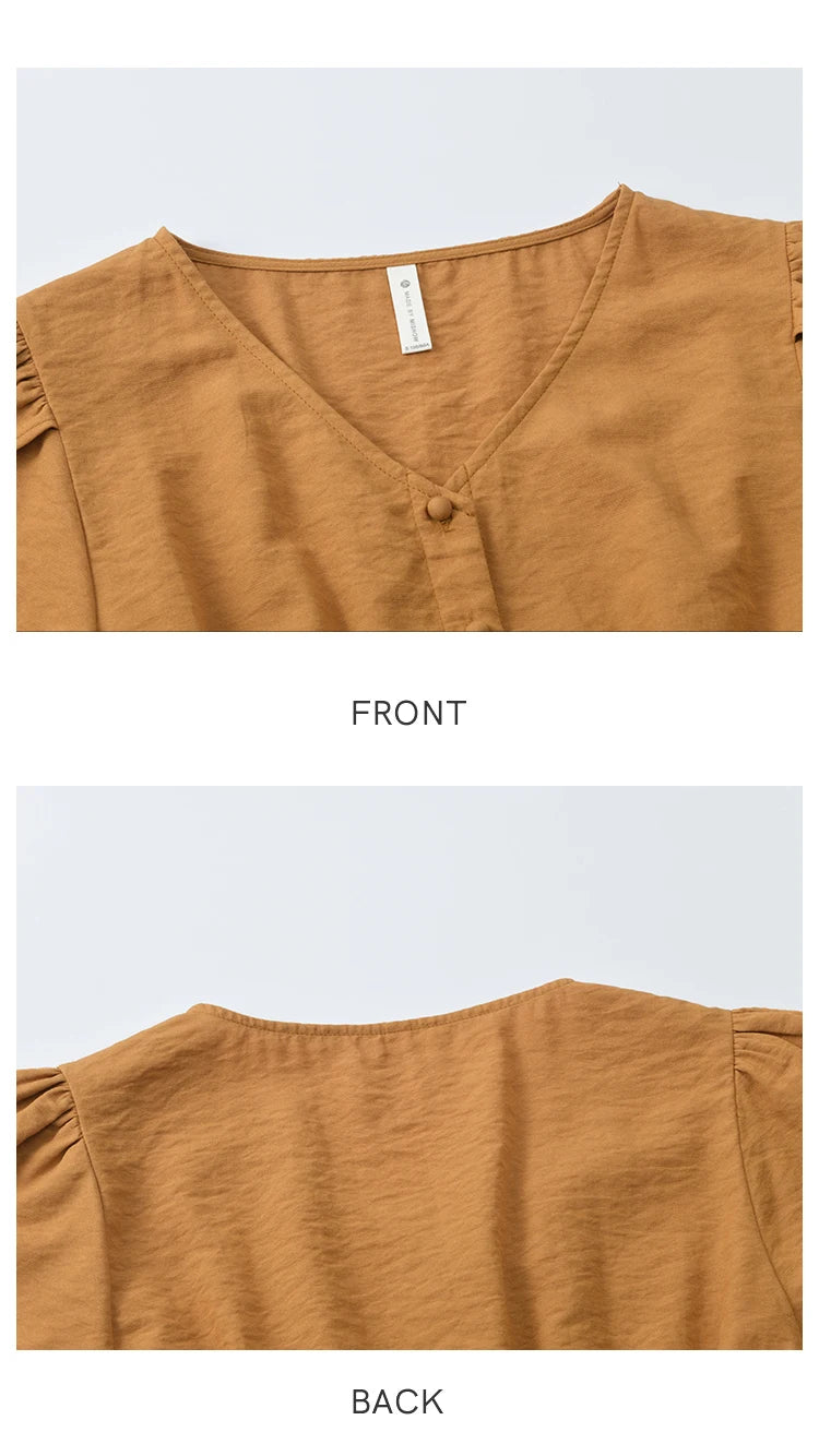 MISHOW Women's Petal Sleeve Slim Shirt 2025 Summer New V-neck Button Bead belt Black Fungus Edge Top Ladies Clothing MXE39X1881