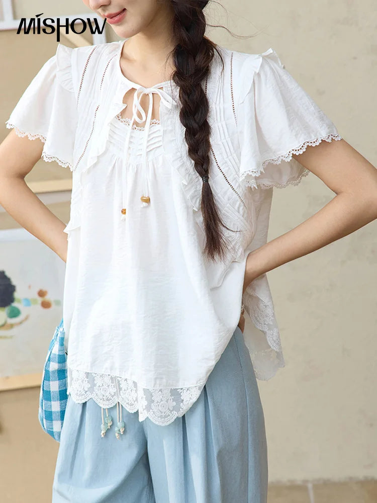MISHOW White Lace Up Blouse Women's 2025 Summer New Fashion Butterfly Sleeve Hollow Lace Splicing Top Female Clothing MXE34X1784