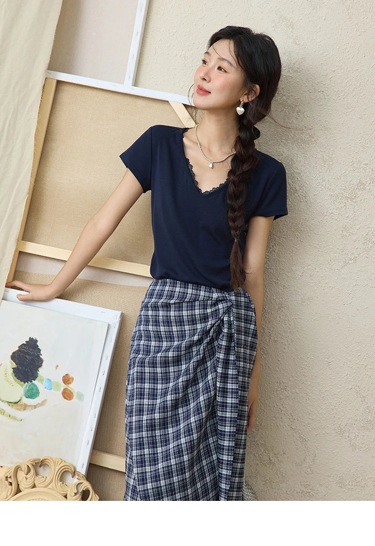 MISHOW Women's Short Sleeve T-shirt 2025 Summer Office Lady Fashion V-neck Spliced Lace Casual Tee Female Clothing MXE36T0644