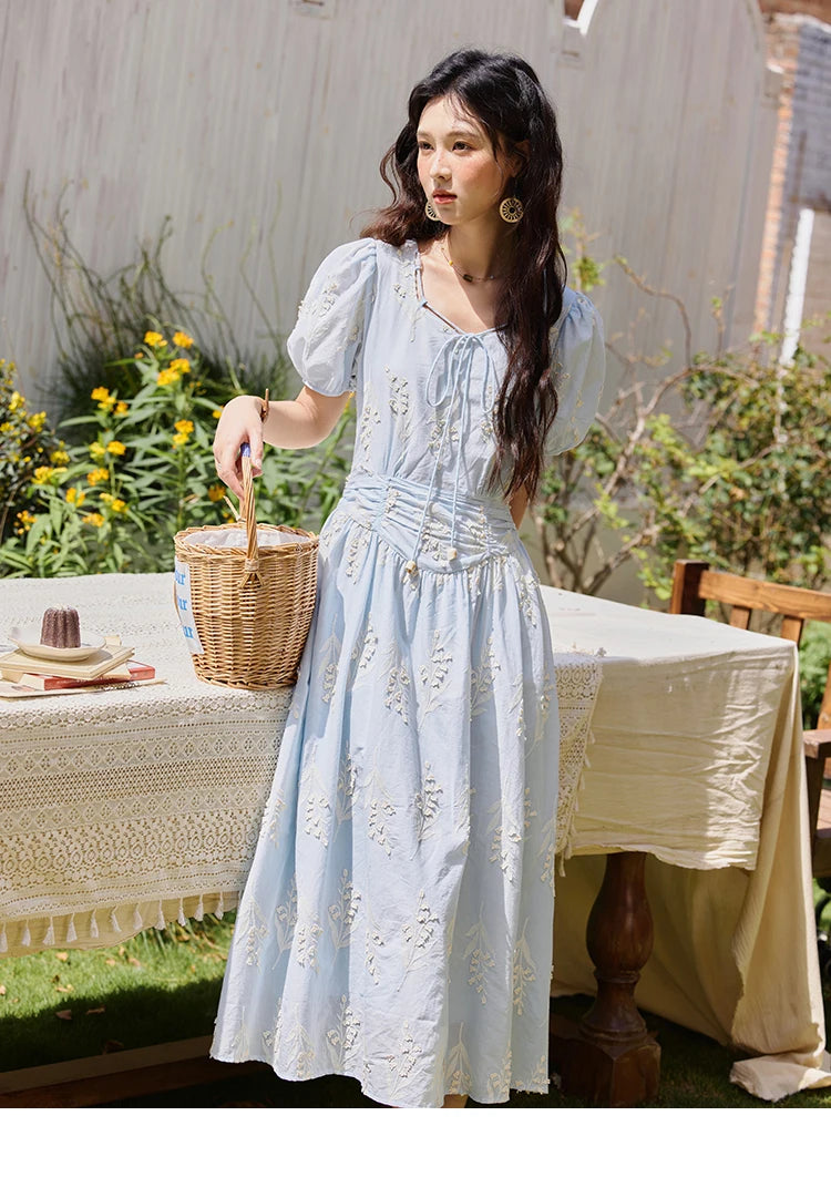 MISHOW Blue Square Neck Bubble Sleeve Dress for Women Summer 2025 Waist Vacation 100 Cotton Embroidered Long Dress MXE35L2234