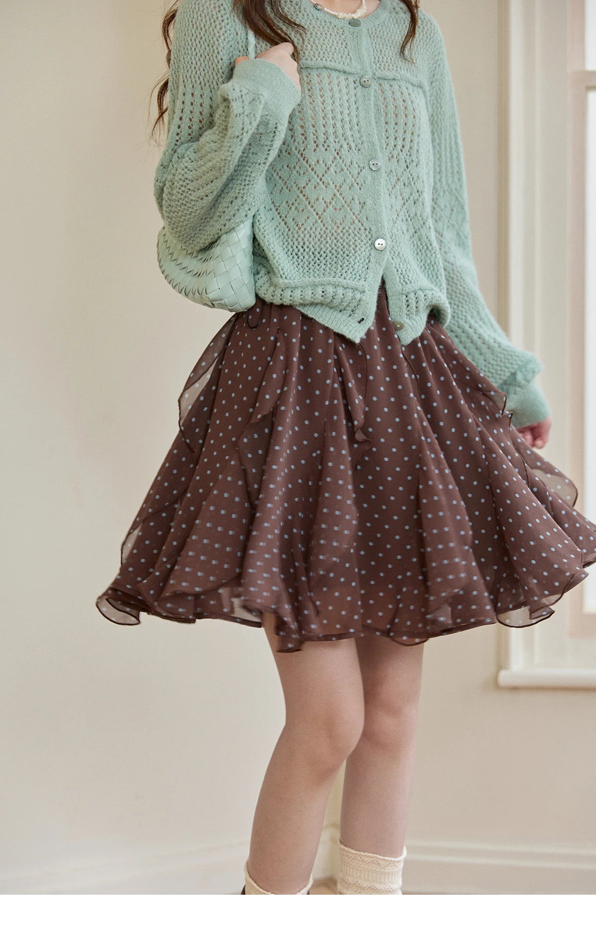 MISHOW Women's Brown Polka Dot Skirt Spring Irregular Ruffled Chiffon Elastic Waist Skirts Casual A-line Mini Skirt MXF13B2476