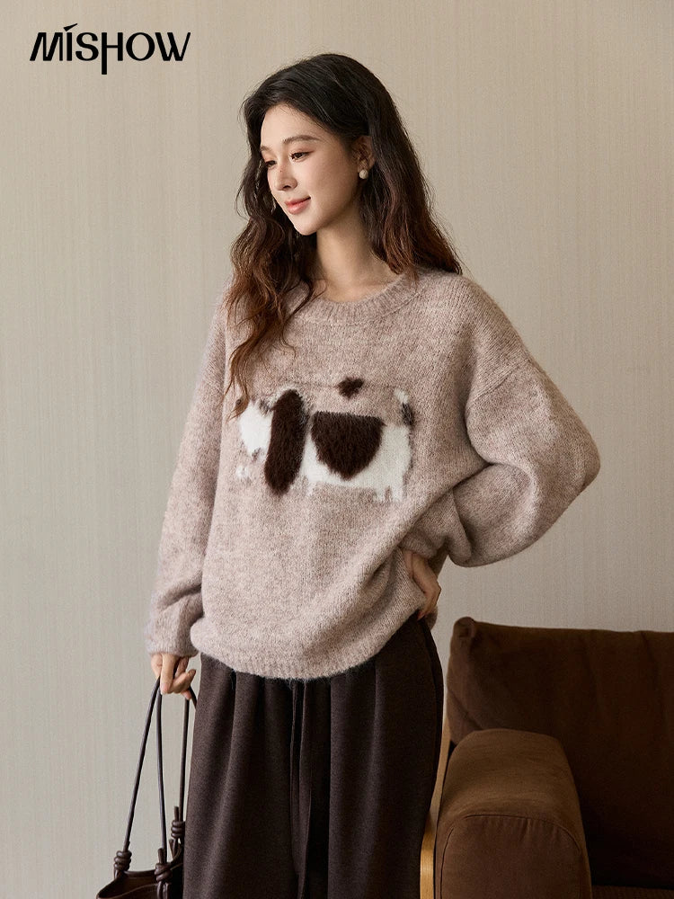 MISHOW Women's Solid Knitted Sweater 2025 Autumn Winter Dog Pattern Jacquard Crew Neck Fluffy Warm Loose Pullover Top MXE94Z2988