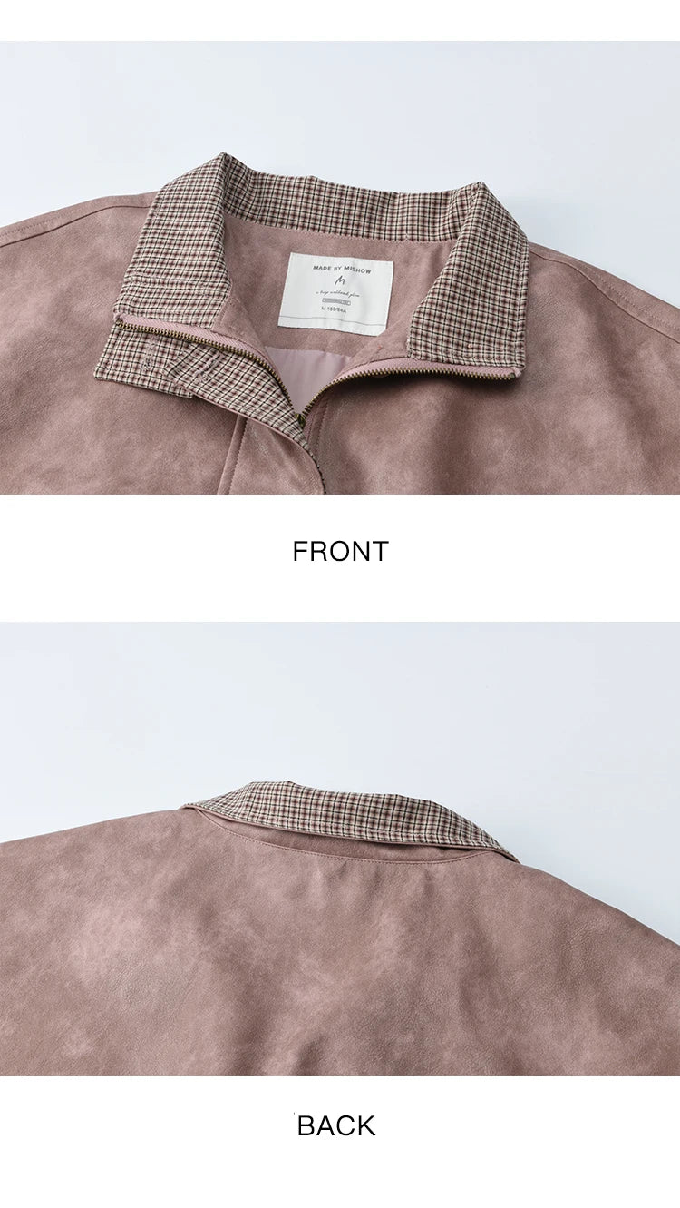 MISHOW Women's Dyed Leather Jackets 2025 Autumn Short Contrasting Plaid Lapel Jacket Fashion Loose Bow Pockets Coat MXE44W0818