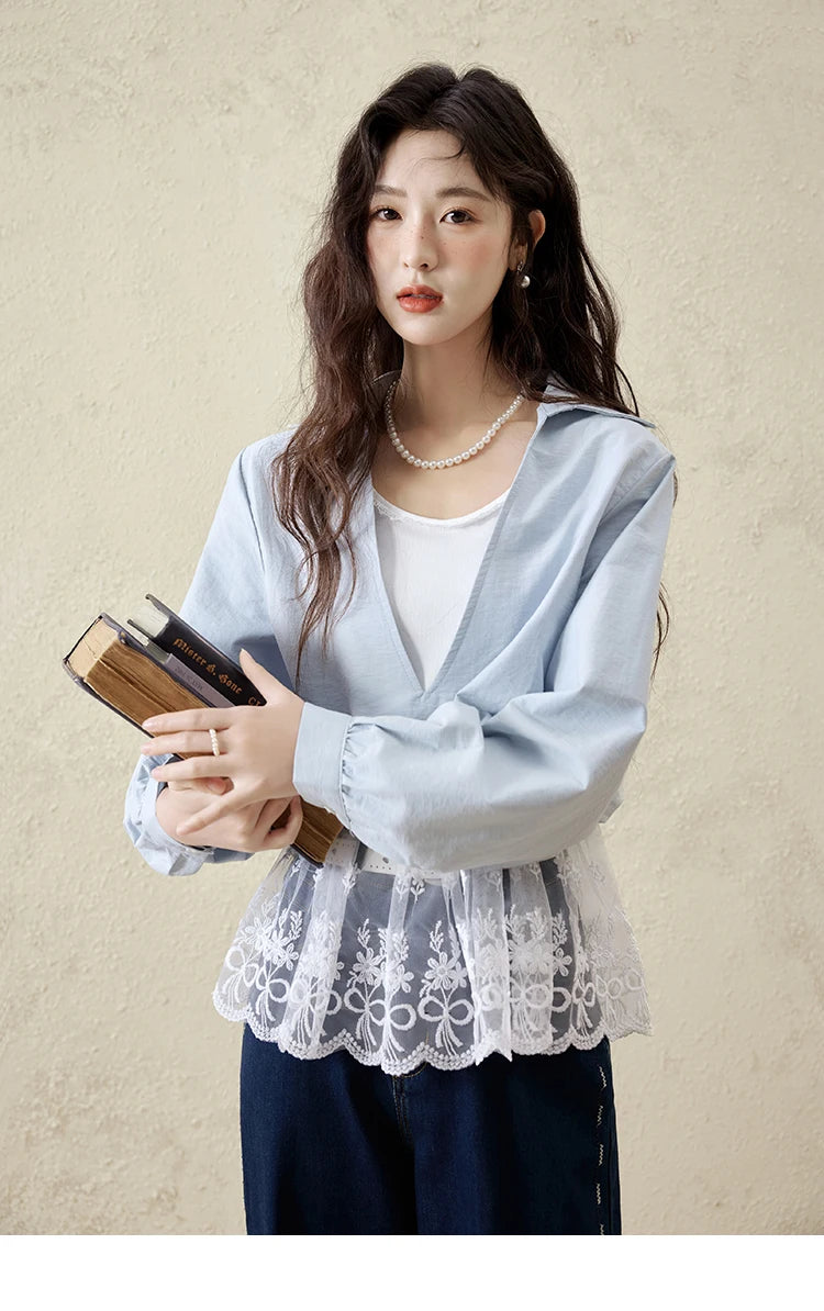 MISHOW French Spring Shirts Women 2025 Long Sleeve Turn-down Collar Fake Two-piece Blouses Female Splicing Lace Tops MXE16C0783