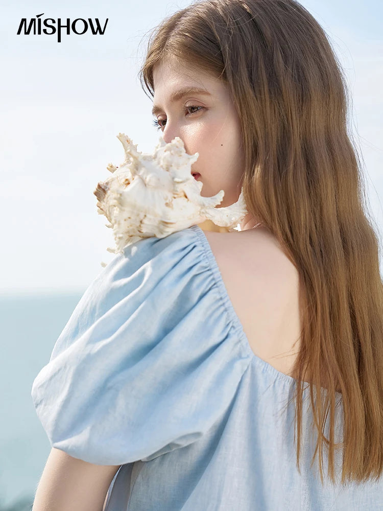 MISHOW French Square Neck Tied Lantern Sleeve Blouses 2025 Summer Double Layered Hem Puff Sleeve Solid Sweet Tops MXD26X1551