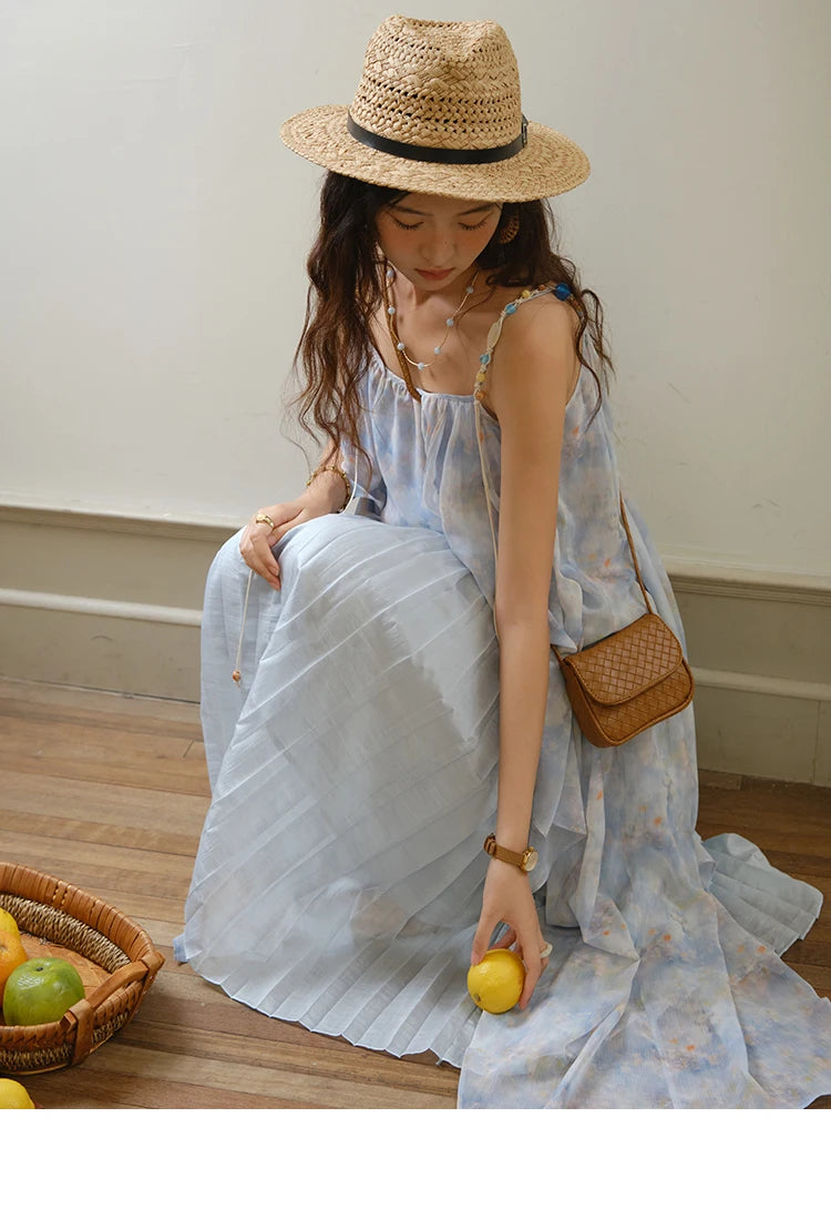 MISHOW Fashion Print Strap Dress for Women 2025 Summer New Multi Layer Ruffle Edge Splicing Sleeveless Midi Dresses MXE35L2233