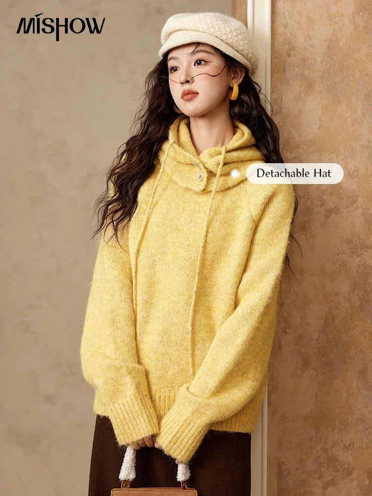 MISHOW Knitted Sweater Hooded Neck Warm Wool for Women 2025 Autumn Winter Cozy Loose-Fit Casual Solid Pullover Top MXD59Z1123