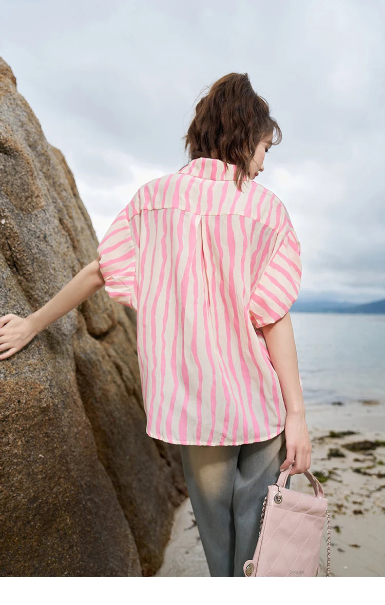 MISHOW Women's Striped Shirt 2023 Summer Korean Loose Puff Sleeve Polo Neck Pocket Casual Tops STRAIGHT Office Lady MXC38C0072