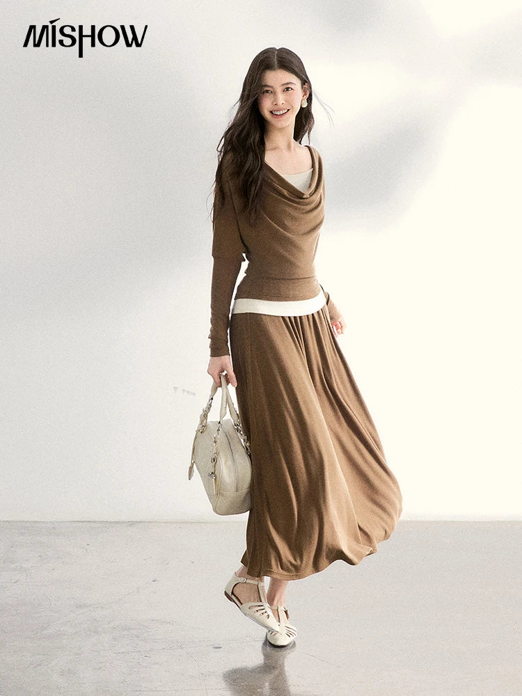 MISHOW Women's Draped Neck Tops with Camisole Two Piece Set 2026 Spring Long Sleeve Slim Casual Soft Brown Tops MXF11T1458