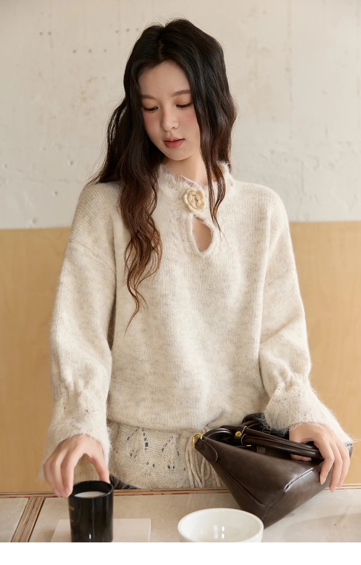 MISHOW Apricot Drawstring Waist Pullovers Women 2025 Winter New Luxury Three-dimensional Flower Hollow Out Sweater MXE88Z2709