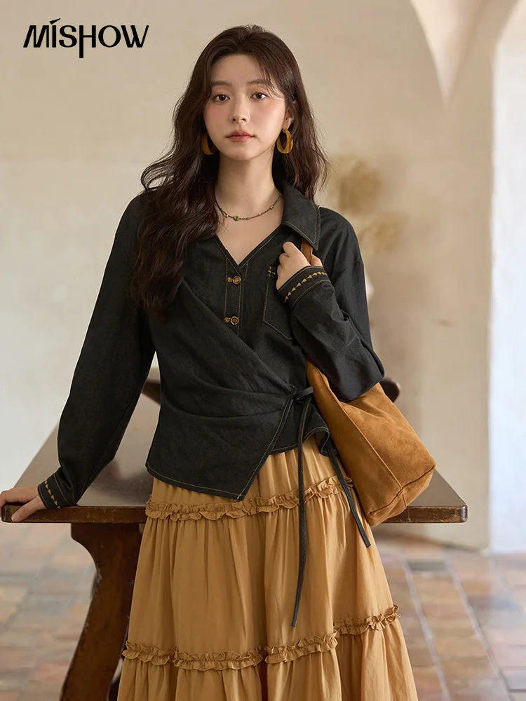 MISHOW Autumn Retro Black Imitation Denim Shirt 2025 Side Lace-up Solid Shirts Lapel V-neck Retro Button Casual Tops MXE42C2374