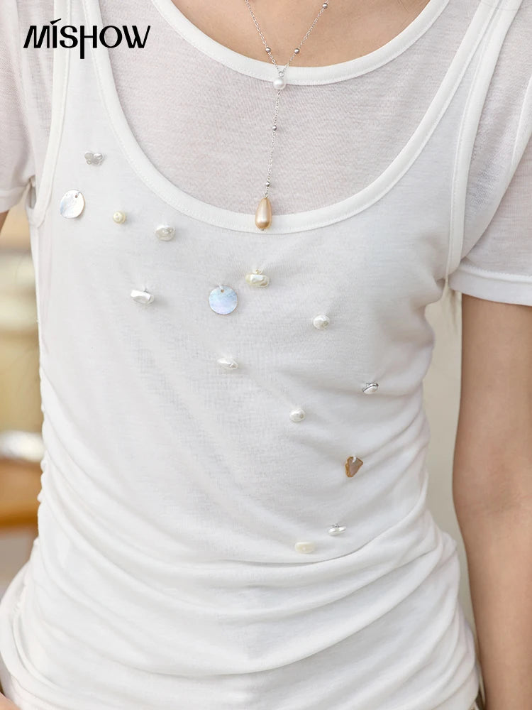 MISHOW White Fake Two Piece Bead Embroidered T-shirt for Women 2025 100 Cotton Tees Round Neck Knitted Breathable Top MXE35T0566