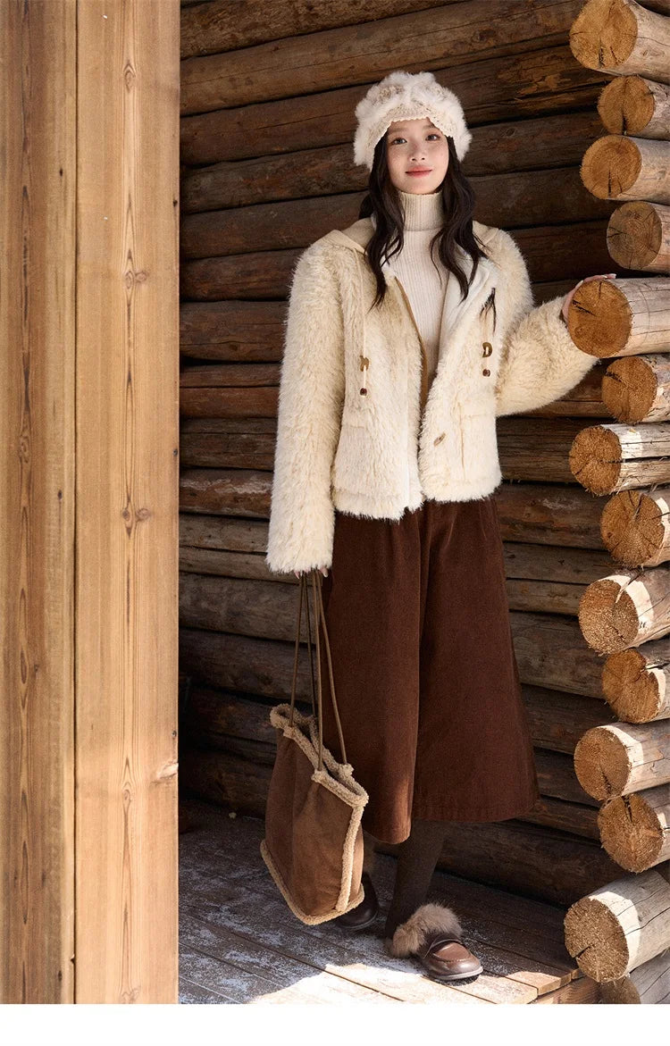 MISHOW Winter Jacket Women 2025 Fashion Beige Knitted Hooded Plush Coat Casual Commute Warm Windproof Short Coat MXE86W0908