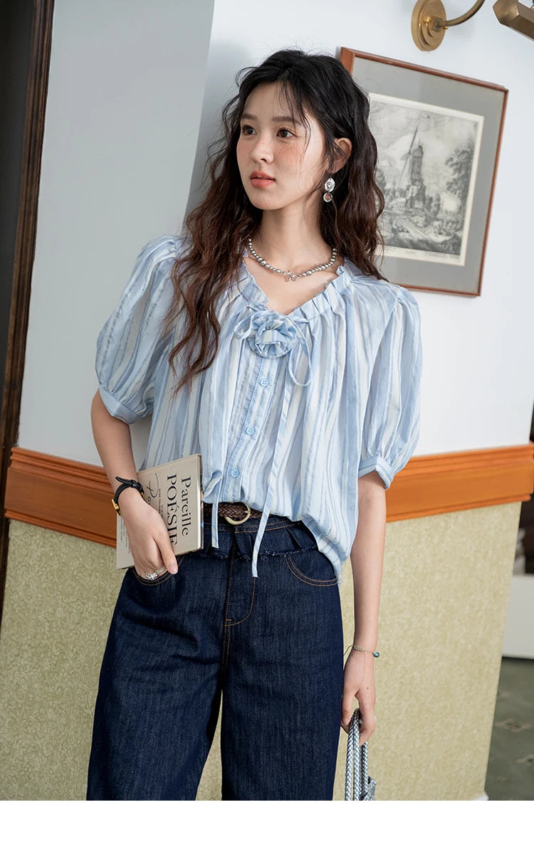 MISHOW Women's Striped Casual Shirt 2025 Summer New Lady Fashion Puff Sleeve V-Neck Button Blue Shirt Female Clothing MXE36X1870