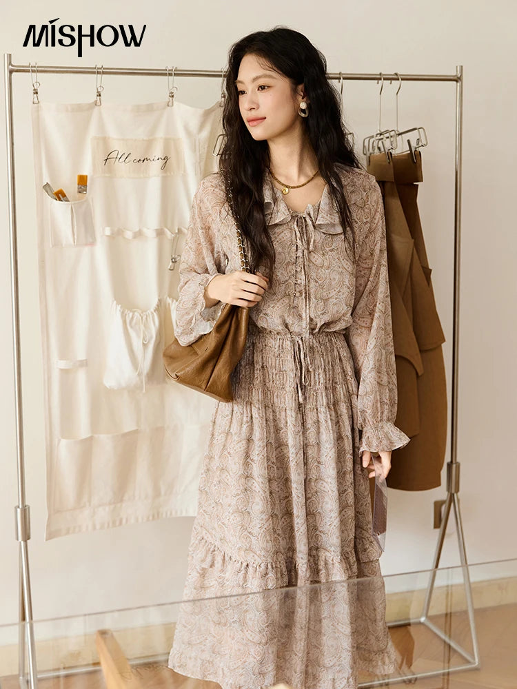MISHOW Cashew Flower Dress for Woman 2025 Autumn Romantic Style Printed Dress Long Sleeve Ruffled Tie Waist Dress MXE46L2520