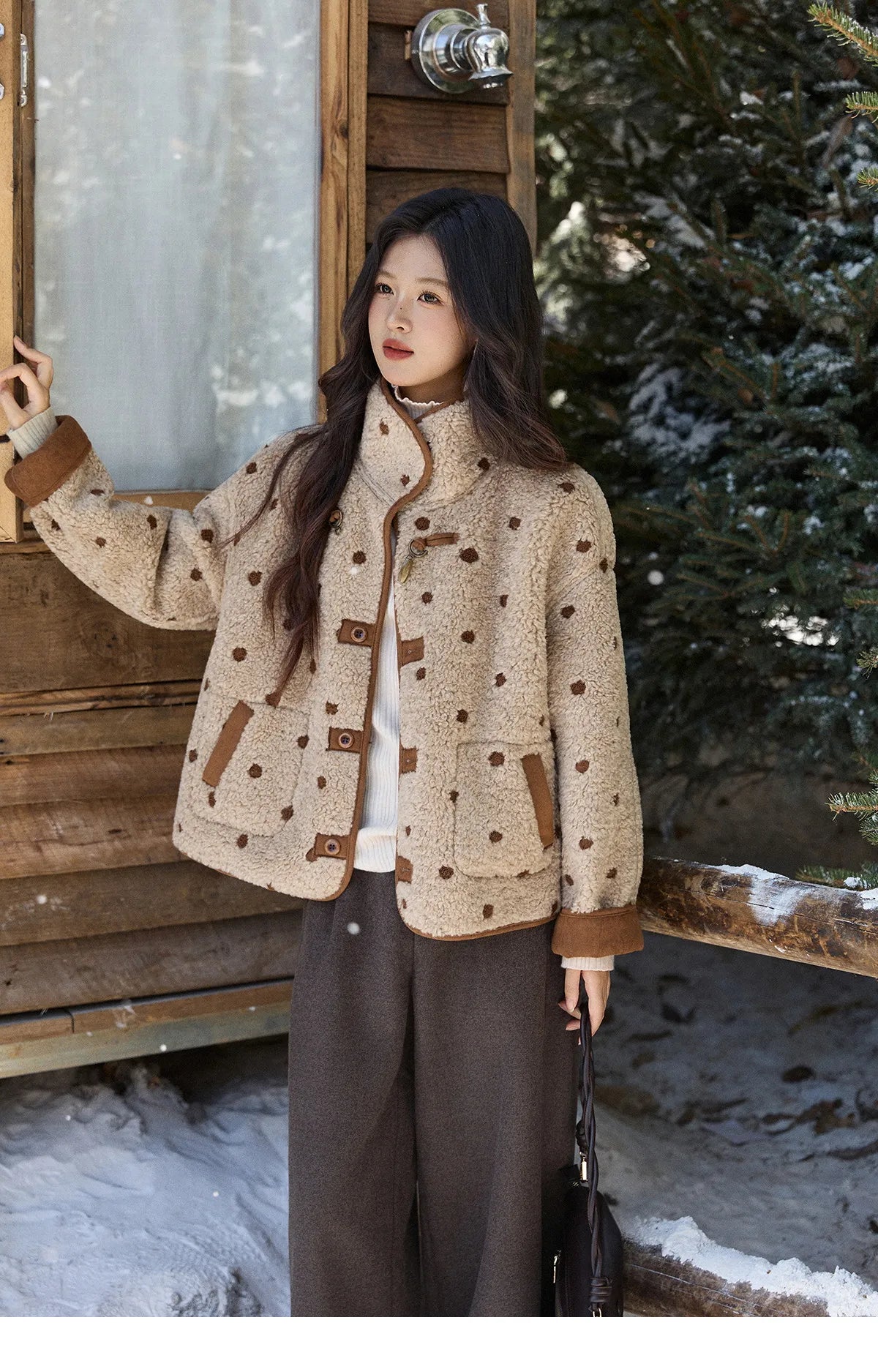 MISHOW Women's Brown Reversible Shearling Coat 2025 Winter Suede Polka Dot Lapel Coats Fleece Thick Warm Short Jacket MXE93W1012