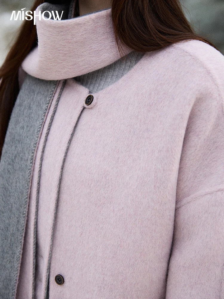 MISHOW Women's Tweed Wool Double-Faced Short Coat with Scarf 2025 Winter Loose Warm Outerwear O-neck Coat Office Lady MXE86W0977