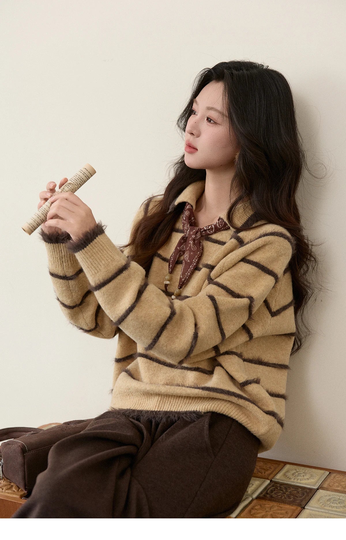 MISHOW Women's Faux Mink Fur Striped Sweater 2025 Winter Loose Lapel Tassel Hem Thickened Knitwwear Excluding Scarves MXE93Z2945