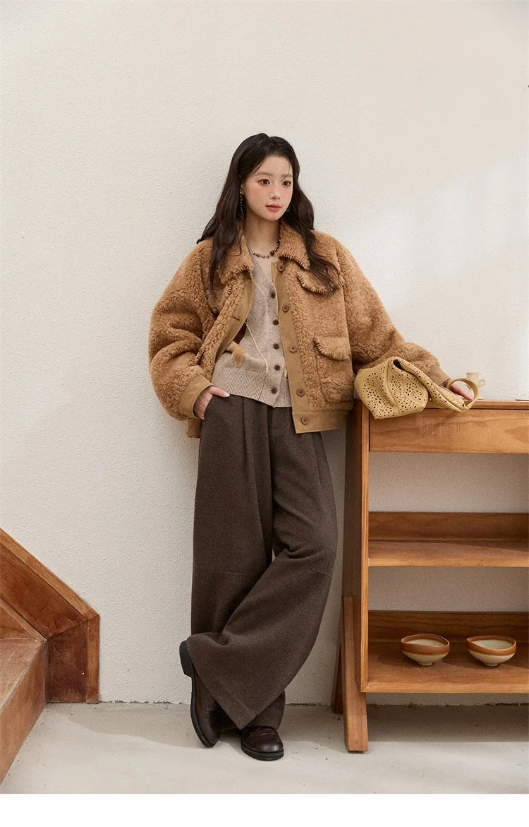 MISHOW Faux Lambskin Coat Women 2025 Winter Retro Turn-down Collar Brown Coat Office Lady Loose Warm Casual Jackets MXE89W0896