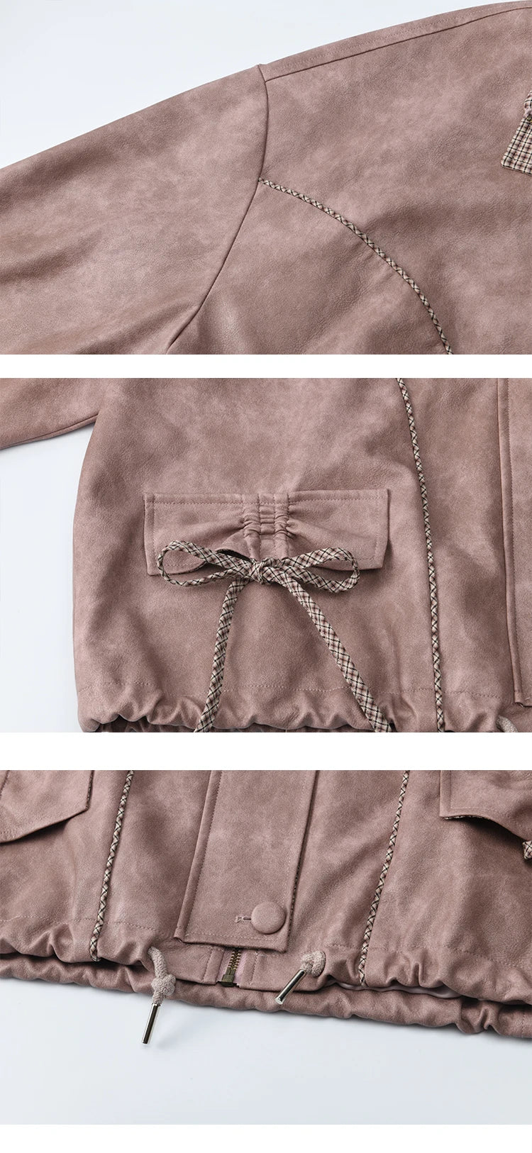 MISHOW Women's Dyed Leather Jackets 2025 Autumn Short Contrasting Plaid Lapel Jacket Fashion Loose Bow Pockets Coat MXE44W0818