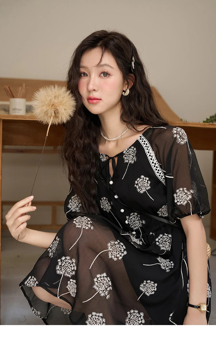 MISHOW【Taraxacum Series】Black Embroidered Dress for Women 2023 Summer French Tea Break Lace-up Retro Romantic Dresses MXC39L1567