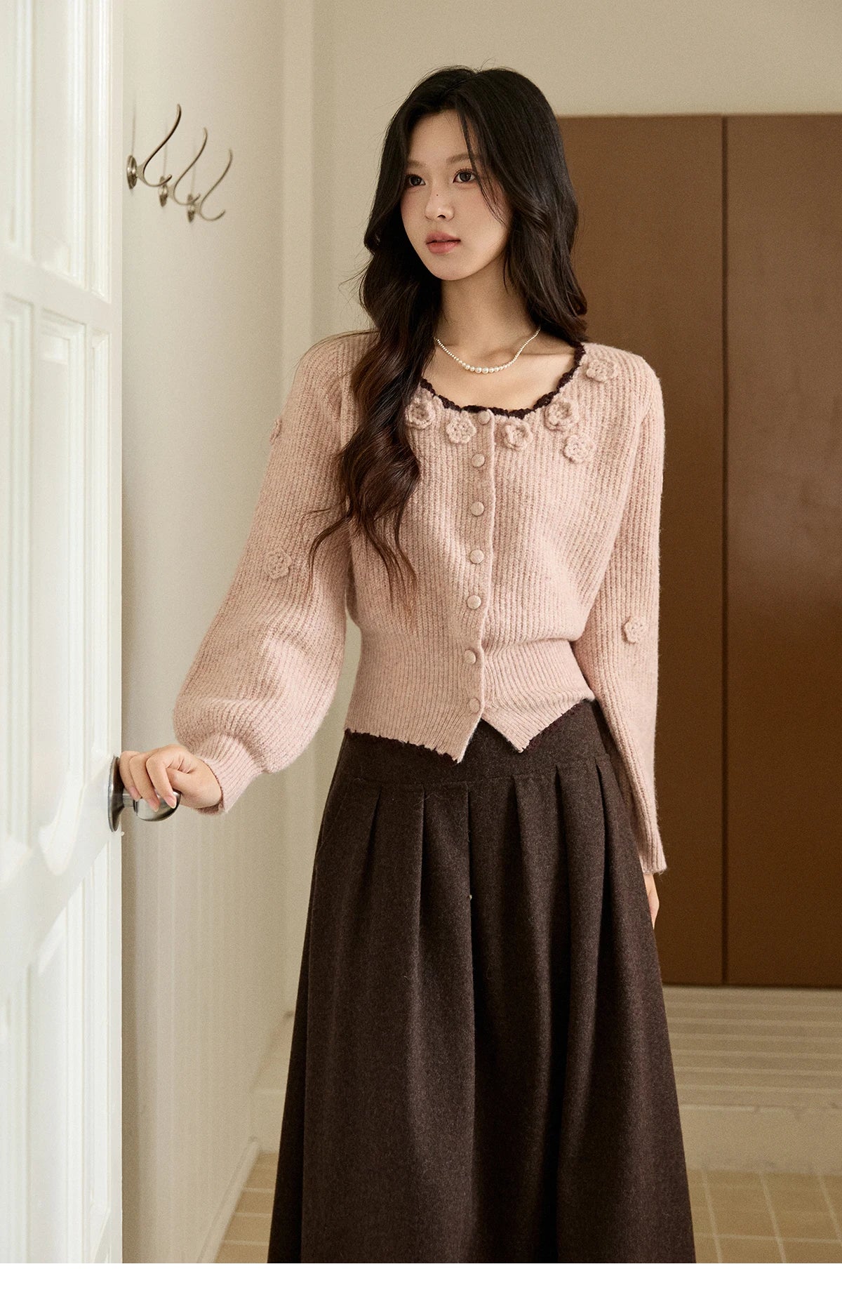 MISHOW Women's Pink Knitted Cardigan 2025 Autumn Winter Flower Decor Lace Trim Button Cardigan Slim Warm Pullover Top MXE94Z2862