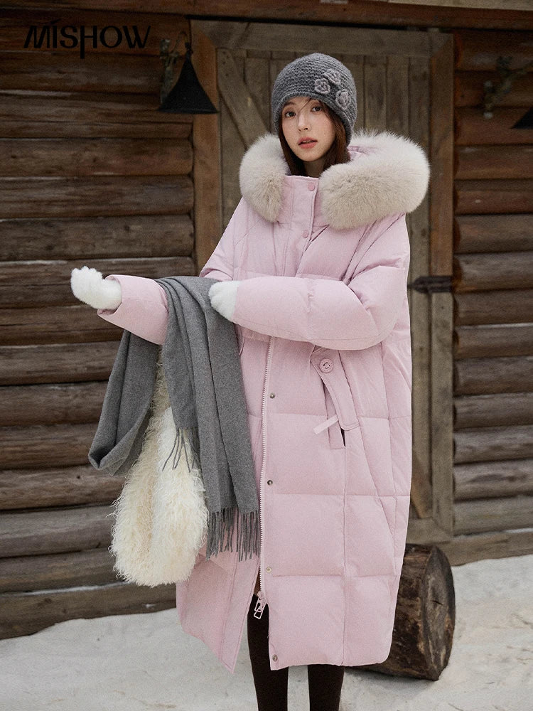 MISHOW Women's Winter Coat with Hood 2025 Fashion Solid Commute Long Down Jacket Windproof Warm Down Coat Luxury MXE51Y0079