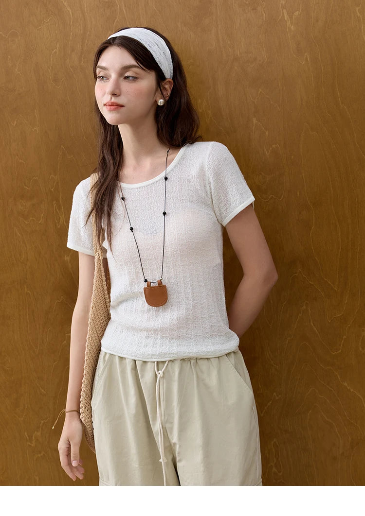 MISHOW Office Lady Women’s T-shirts Summer 2025 Short Sleeve Round Neck Solid Slimming Knitted Shirt Female Fashion MXE34Z1257