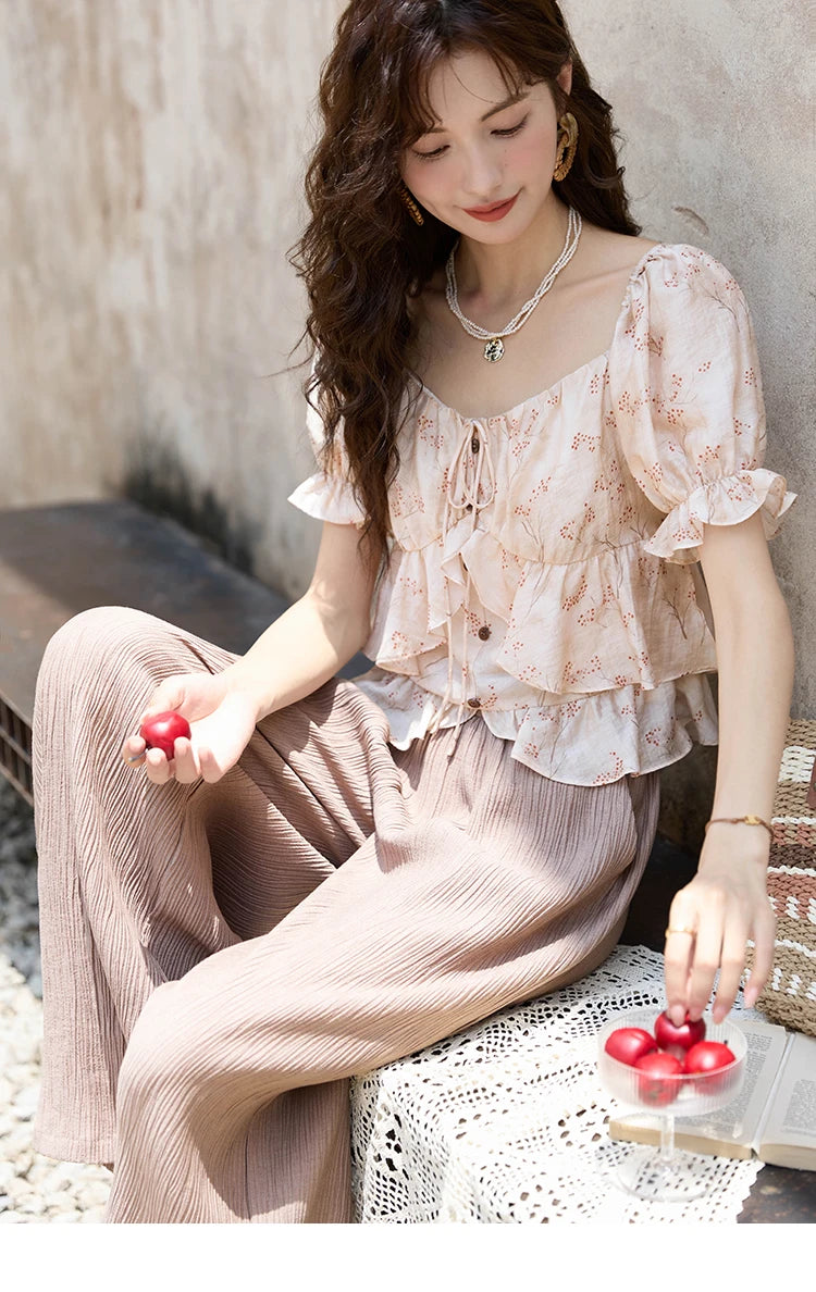 MISHOW French Floral Print Square Neck Shirt for Women 2025 Summer Bubble Sleeve Patchwork Double-layer Ruffle Tops MXD30X1565