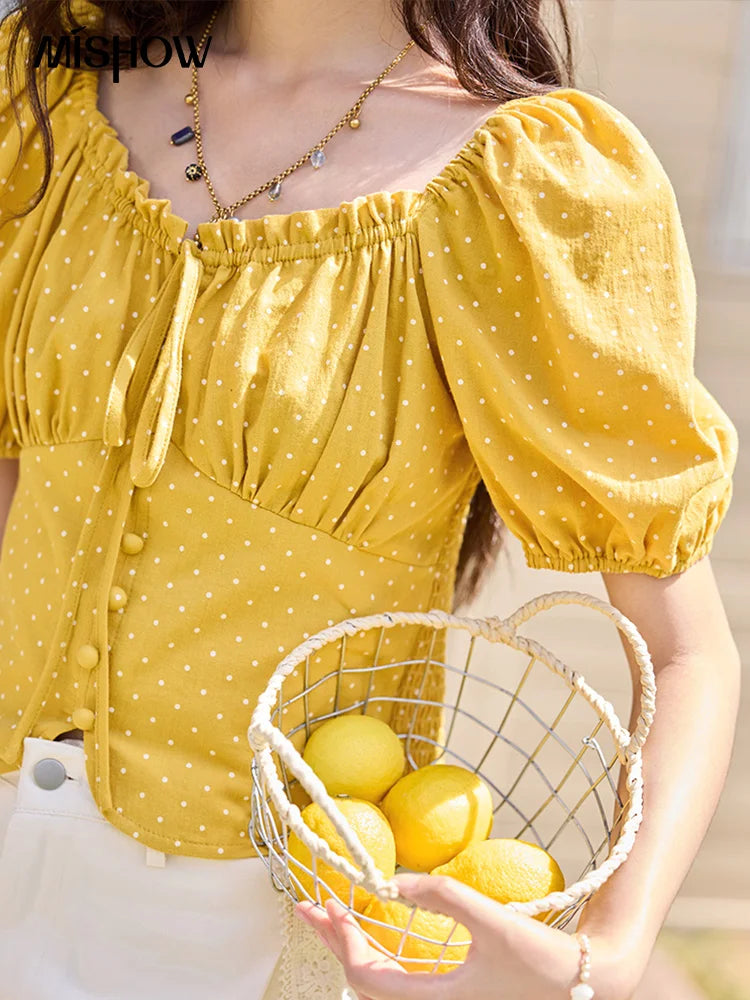 MISHOW Yellow Polka Dot One Shoulder Blouses for Women Summer 2025 Back Elastic Vintage 100 Cotton Top Lace-up Blouse MXE35X1840