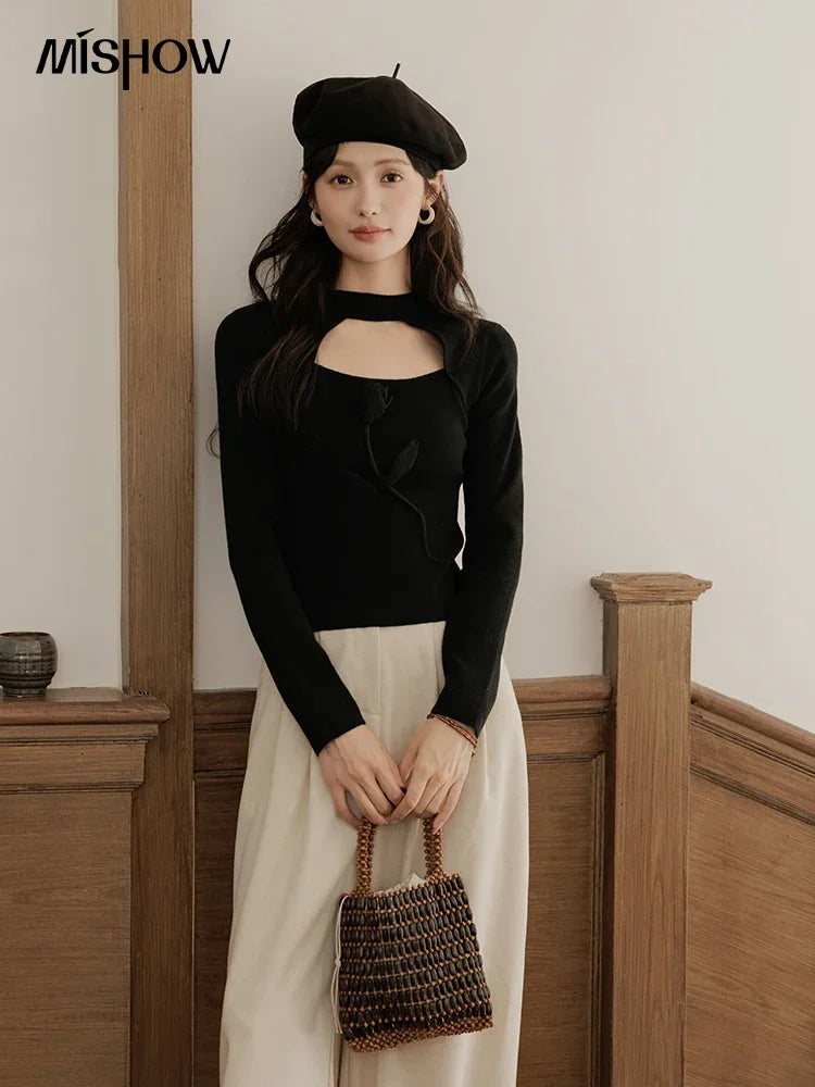 MISHOW Women’s Black Tulip Knitted Sweater French Vintage Hollow Out Sweaters Mock Neck 2024 Fall Elegant Slim Top MXD42Z0731