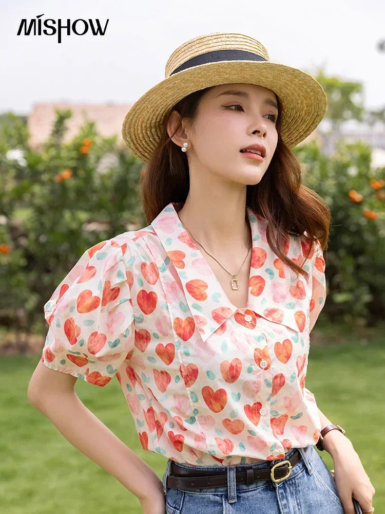 MISHOW Korean Chic Fashion Women Stylish Blouses Summer French Sweet Retro Floral Polo-neck Puff Sleeves Tops MXB27C0450