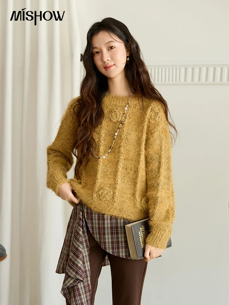 MISHOW Pretty Women's Sweaters 2025 Autumn Retro Yellow 3D Rose Embroidery Loose Casual Tops Long-sleeved Pullover MXE47Z2563