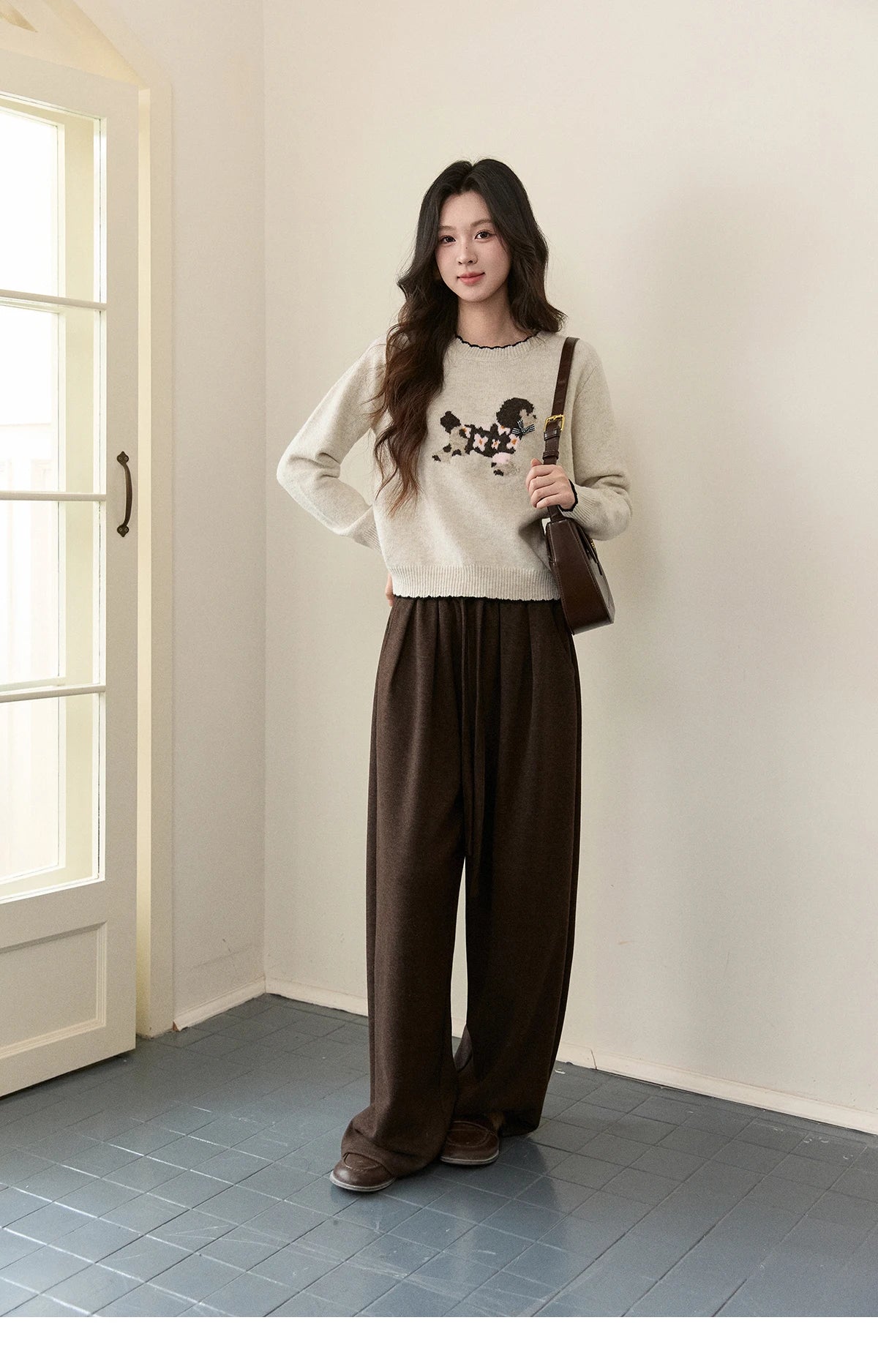 MISHOW Women's Burgundy Knitted Sweater 2025 Winter Poodle Pattern Ruffled Trim Crew Neck Sweater Warm Pullover Tops MXE93Z2949