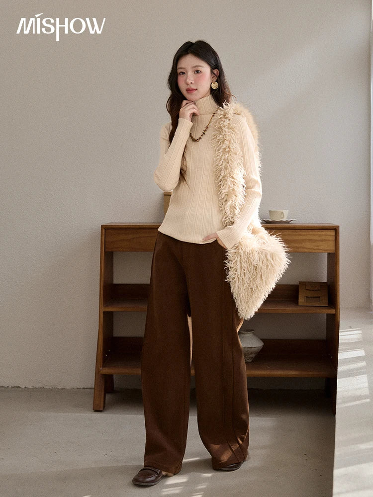 MISHOW Corduroy Straight Leg Pants for Women 2025 Winter Silver Fox Velvet Commuter Trousers Solid Casual Warm Pants MXE91K1125