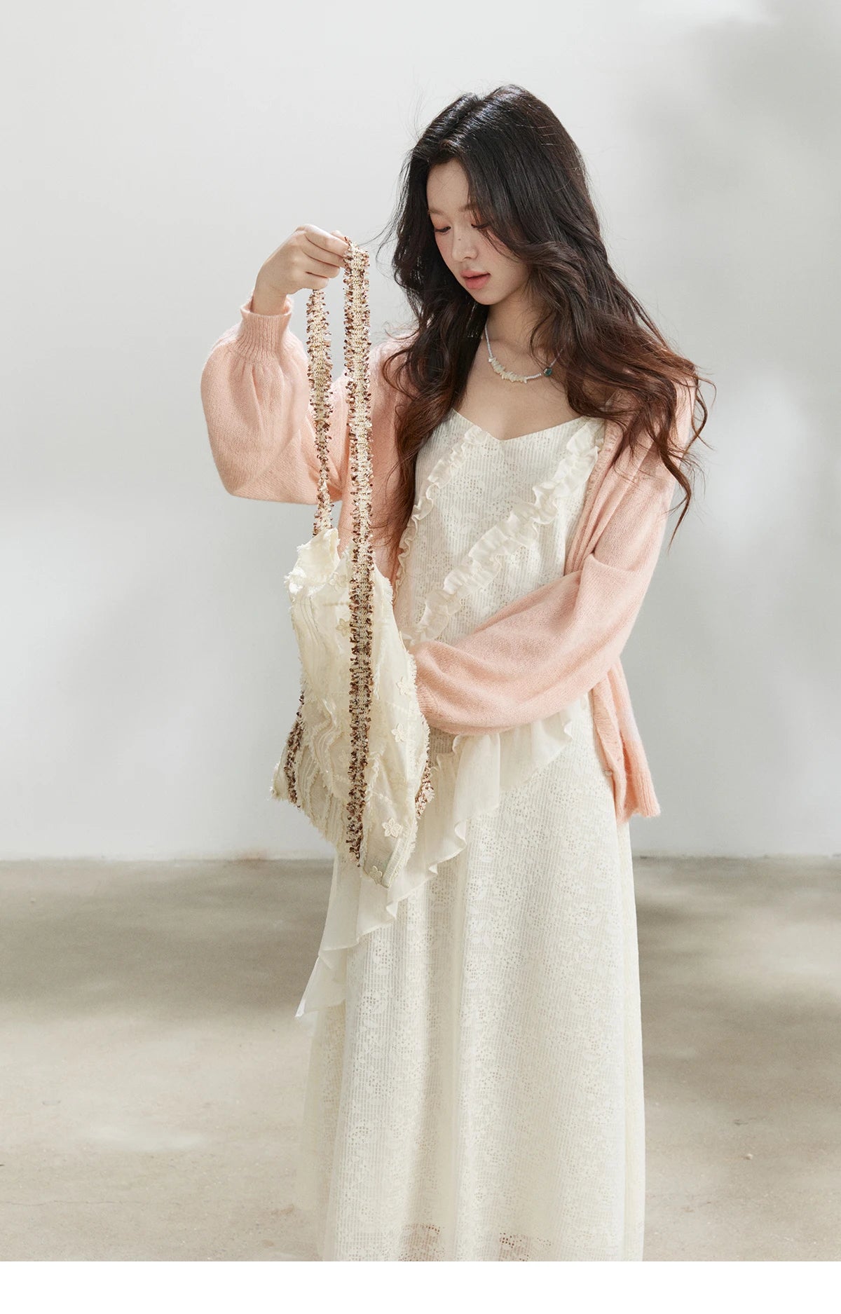 MISHOW Women's Cream Irregular Lace Slip Dress 2026 Spring V-Neck Ruffled Maxi Dresses Casual A-line Romantic Dress MXF108L1005