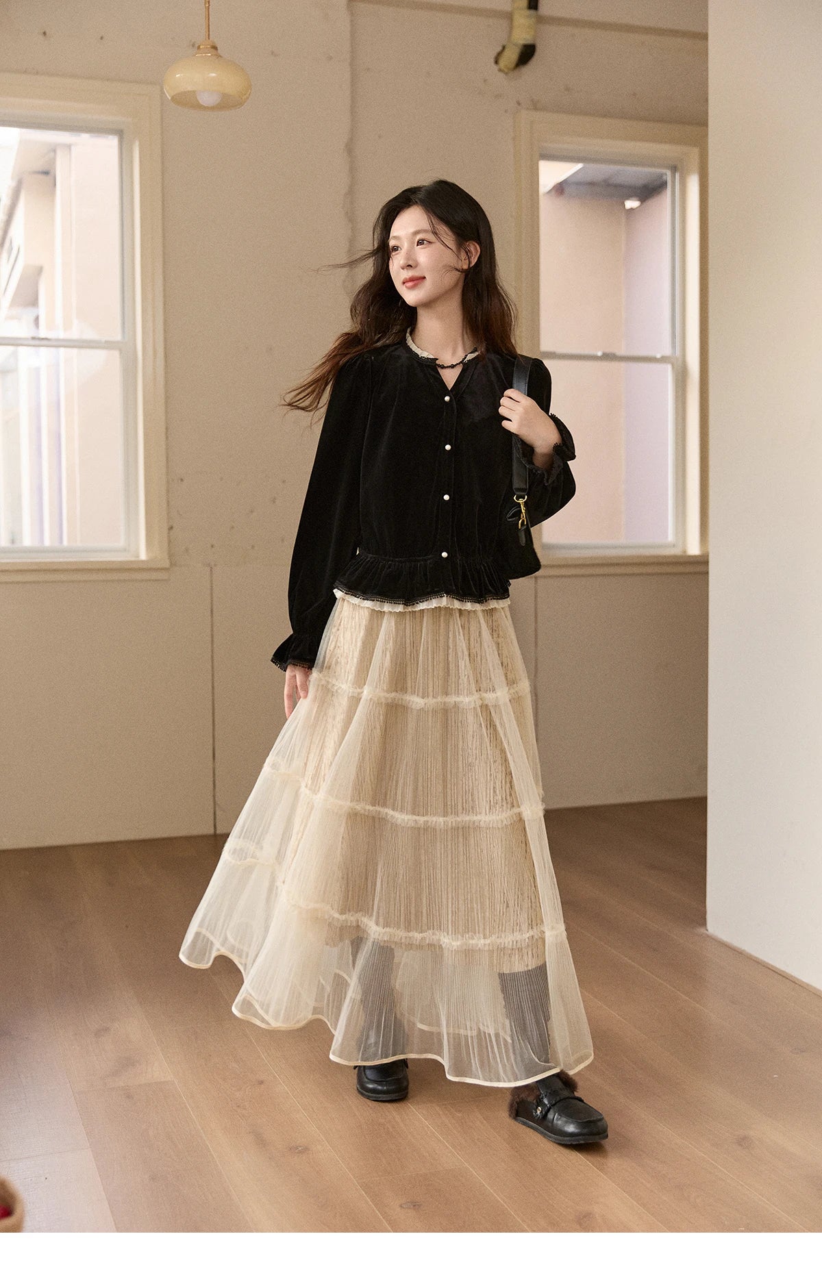 MISHOW Women's Black Velvet Shirts 2025 Winter Retro Splicing Lace Tops Ruffle Hem Pearl Button Puff Sleeve Shirt MXE94X2516