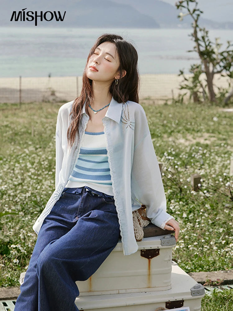 MISHOW Blue Office Lady Shirts Women 2025 Summer New Round Neck Long Sleeve Hollow Embroidery Blouses Female Fashion MXE31C0775