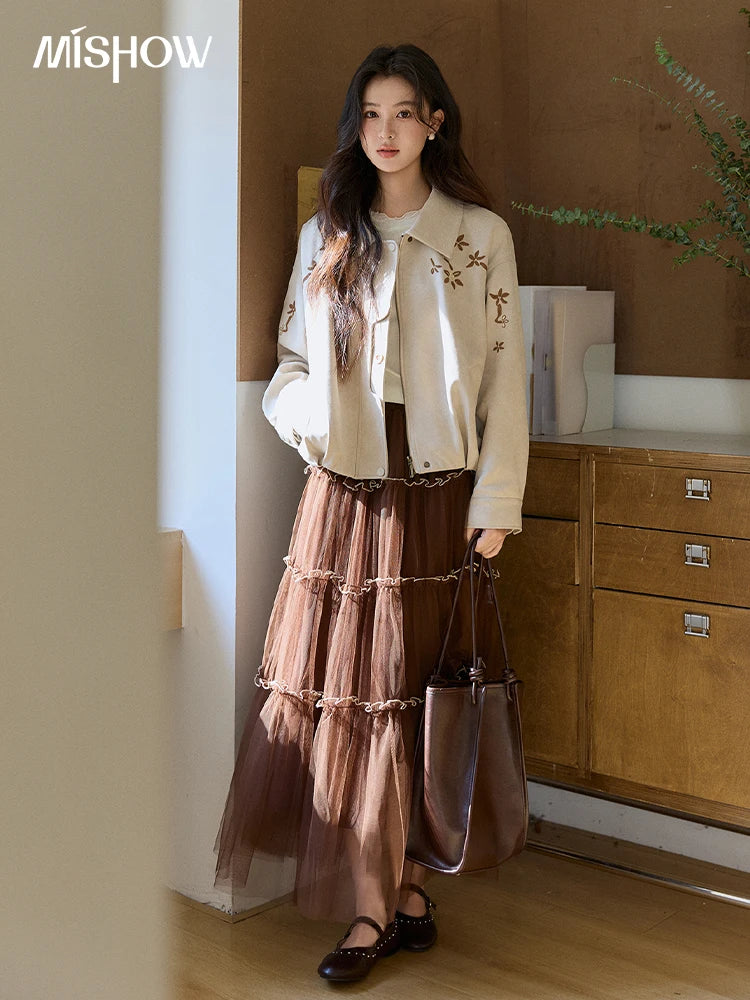 MISHOW Women's Imitation Suede Jacket2026 Spring Floral Embroidery Lapel Zipper Coats Long Sleeve Casual Outerwear MXF11W1027