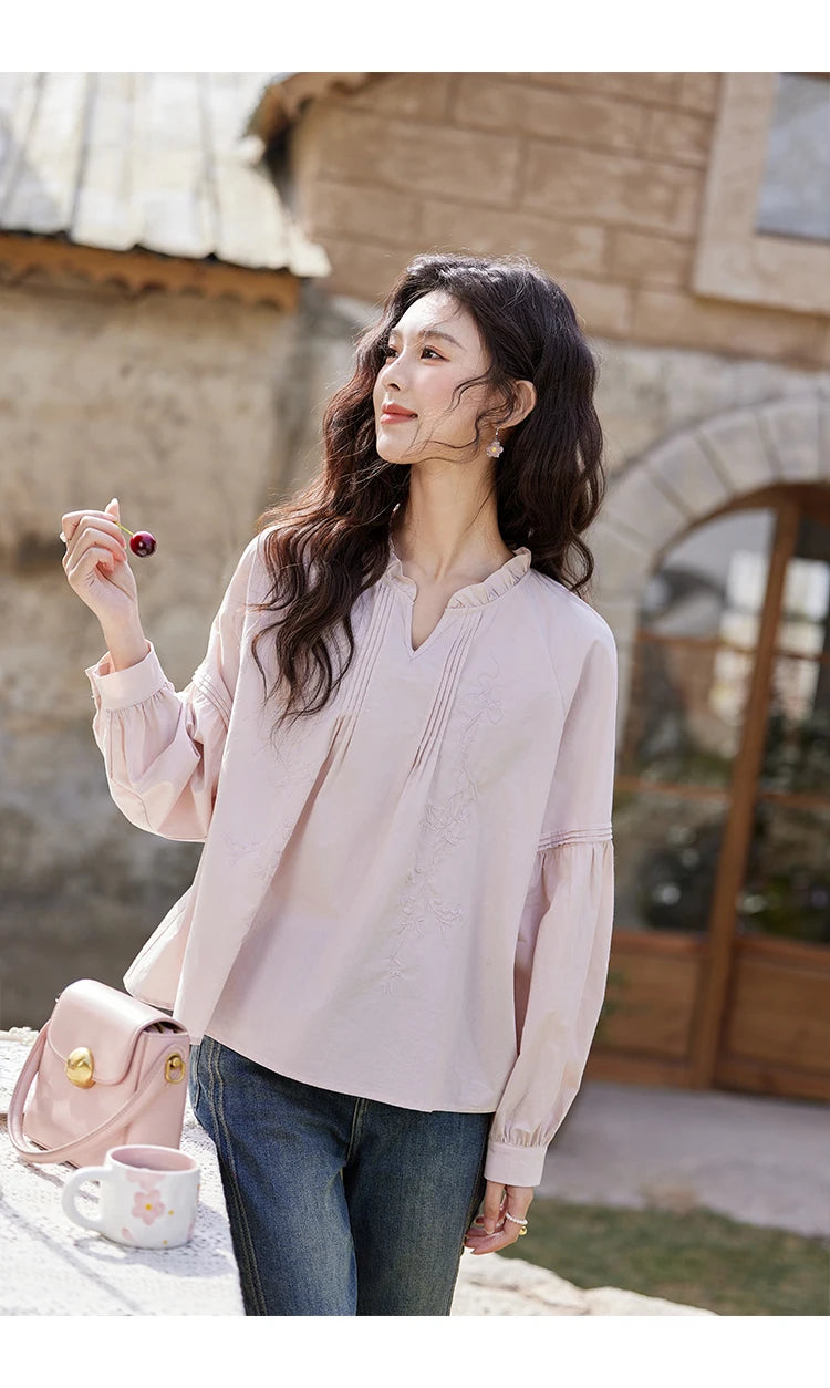 MISHOW Pink Cotton Ruffled Blouse Loose Long Sleeve MXE13X1699