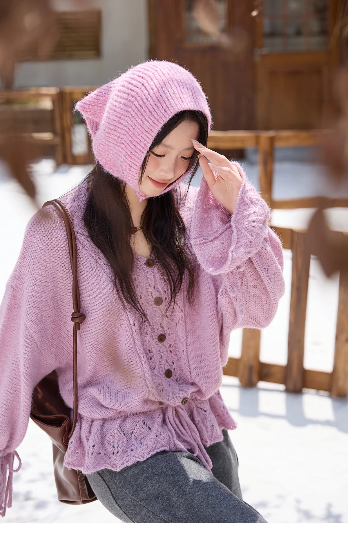 MISHOW Elegant Cardigan Women 2025 Autumn Design Hollow Knit Sweater V-neck Flared Sleeves Loose Casual Sweater MXE47Z2513