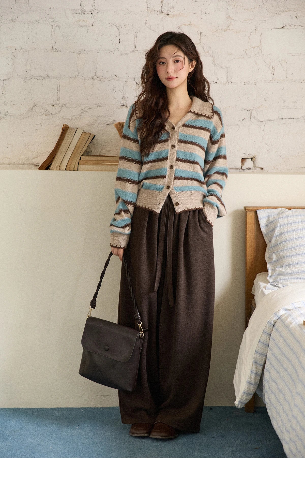 MISHOW Brown Wide-leg Pants for Women2025 Winter Thickened Warm Drawstring Waistband Retro Casual Trousers Woman MXE87K1126