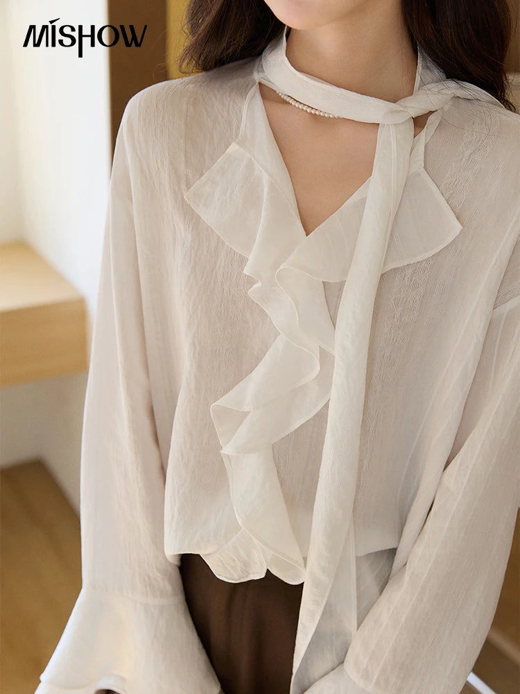 MISHOW Women's Ruffle Trim Chiffon Blouse with Detachable Scarf 2026 Spring Long Sleeve Loose Fit Casual White Top MXF108X0999