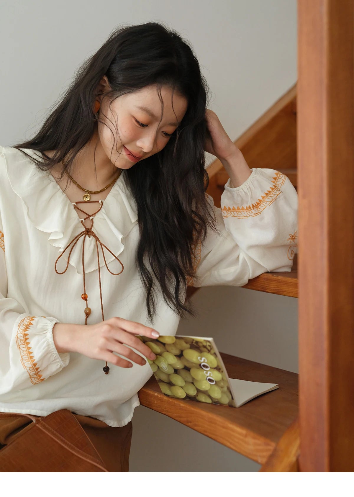 MISHOW Cashew Flower Embroidered Blouse Autumn 2025 Ruffle V-neck Lace Up Tops 100 Lyocell Lantern Sleeves Blouses MXE43X1987
